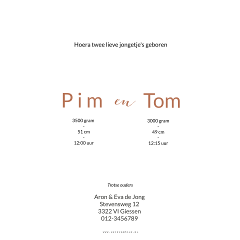 Geboortekaartje Pim en Tom